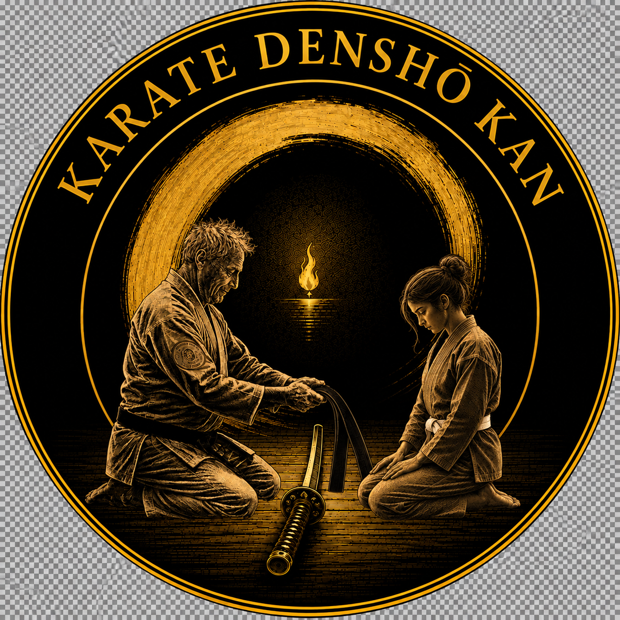 Emblème original du Karaté Denshō Kan : transmission de la ceinture noire